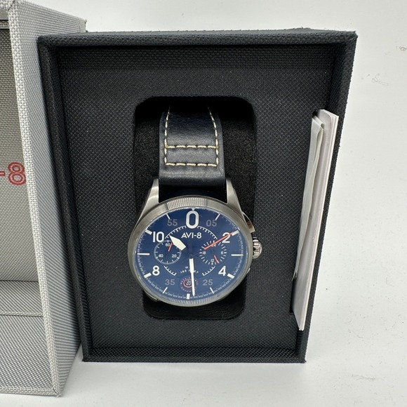 AVI-8 Flyboy Watch Blue Dial Chronograph Pilot Style Leather Band - Picture 1 of 8